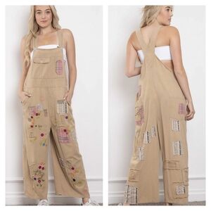 Blue Velvet Patchwork & Embroidered Mineral Washed Overalls